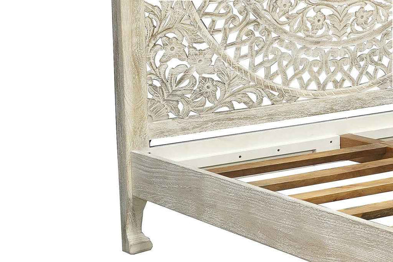 Gray Carved Floral Distressed Solid Wood Queen Bed Frame
