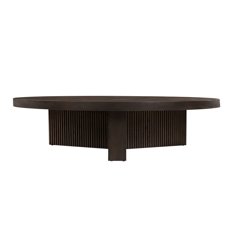 Round pedestal coffee table with dark espresso wood top and ribbed base