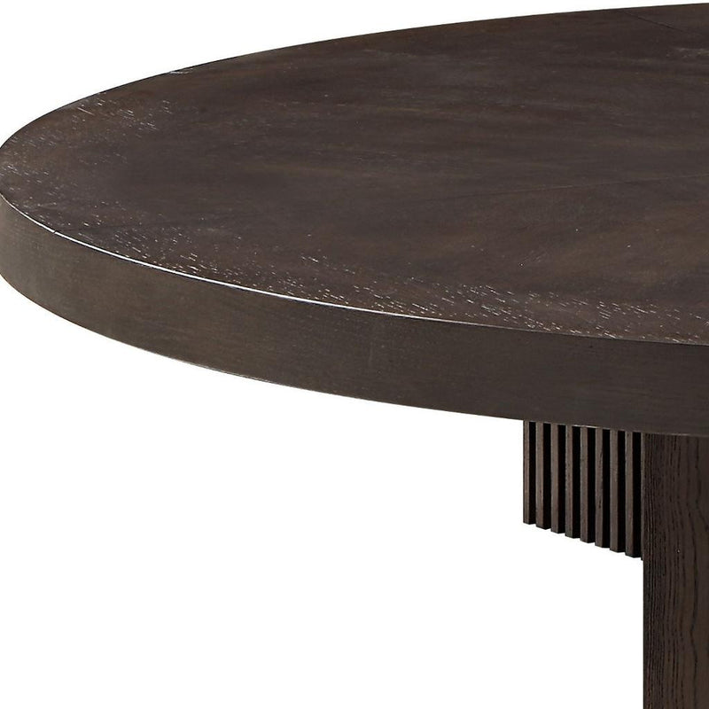 Espresso wood round table edge detail with pedestal supports and ribbed trim