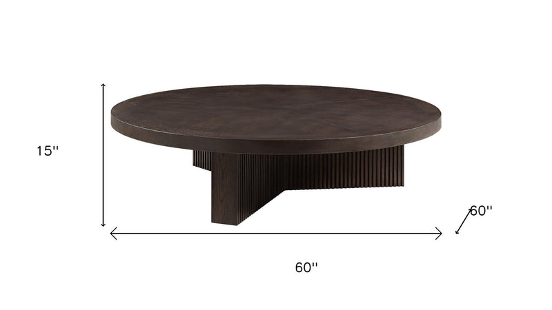 Round pedestal coffee table, 60 in wide dark espresso wood, ribbed pedestal base
