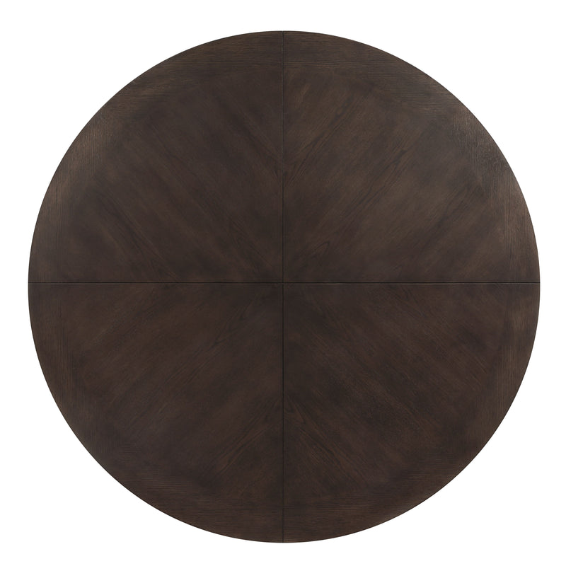 Round espresso wood tabletop with visible grain, pedestal table top view