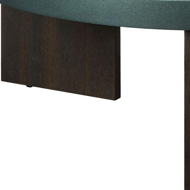 Oak wood coffee table base with square legs under dark green tabletop