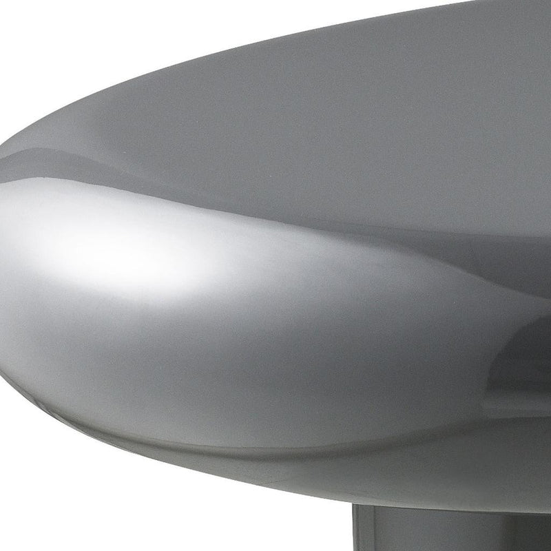 Gray oval coffee table underside with smooth edge and rounded support column