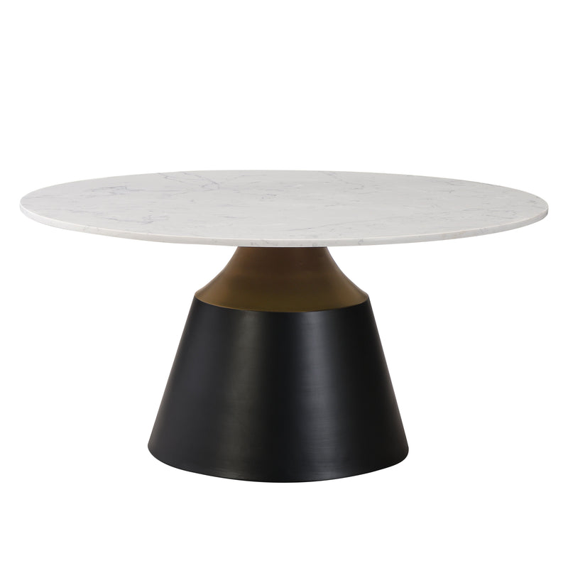 Round pedestal coffee table with white faux marble top and black metal pedestal with gold
