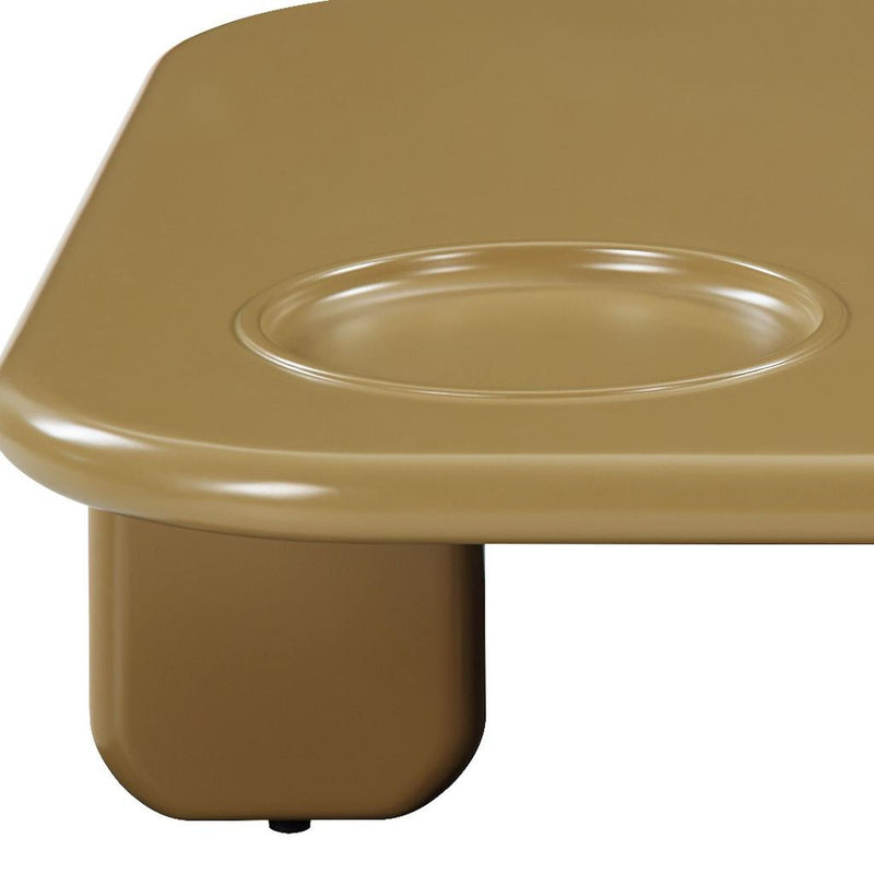 Golden brown wood coffee table corner with built-in cup holder and rounded leg