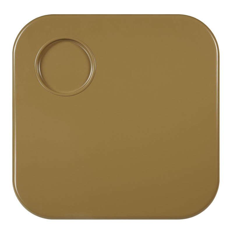 Close-up of square golden brown wood coffee table top with built-in cup holder