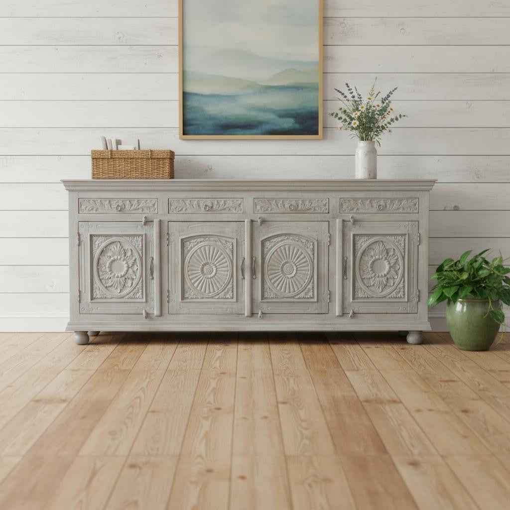 102" Gray Distressed Solid Wood Carved Floral Four Drawer Sideboard with Four Doors