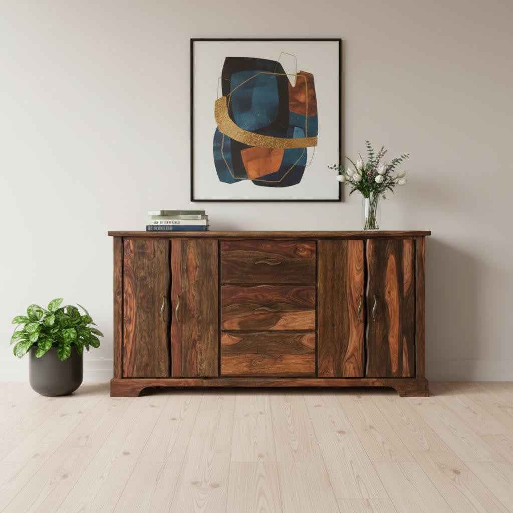 72" Dark Brown Solid Wood Live Edge Three Drawer Sideboard with Four Doors