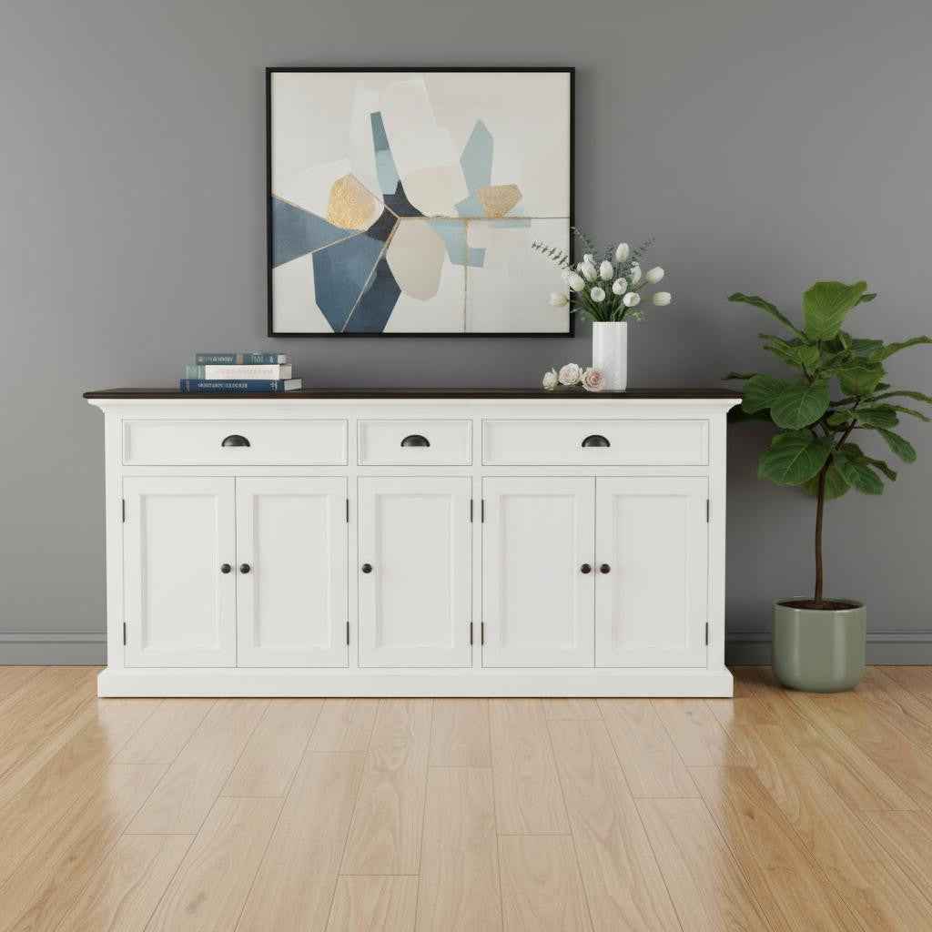 74" Antiqued White Solid Wood Three Drawer Buffet Table with Five Doors
