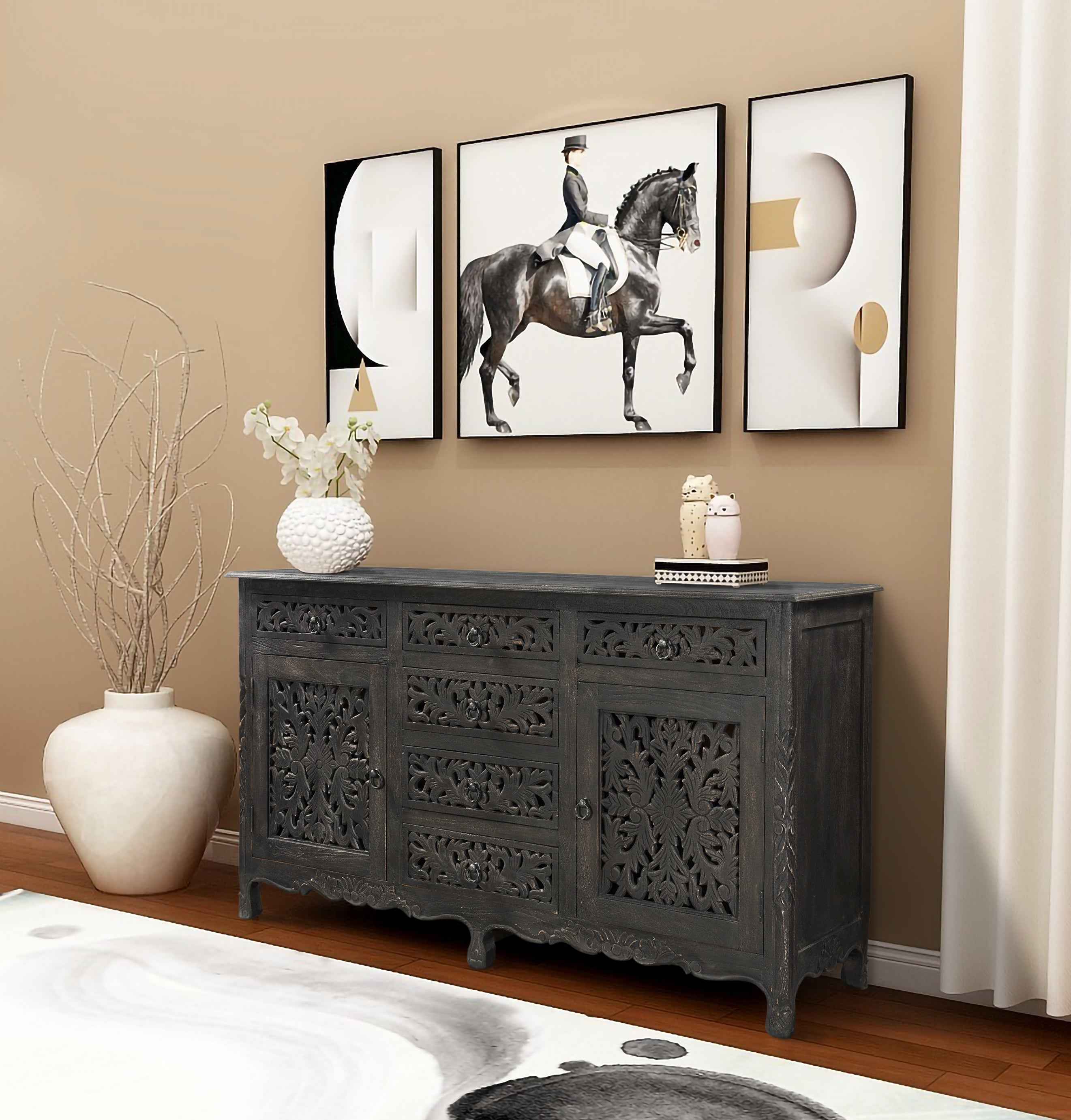 66" Black Distressed Solid Wood Carved Floral Six Drawer Sideboard with Two Doors