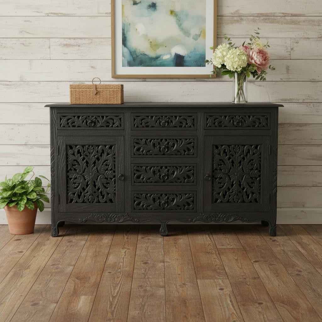 66" Black Distressed Solid Wood Carved Floral Six Drawer Sideboard with Two Doors