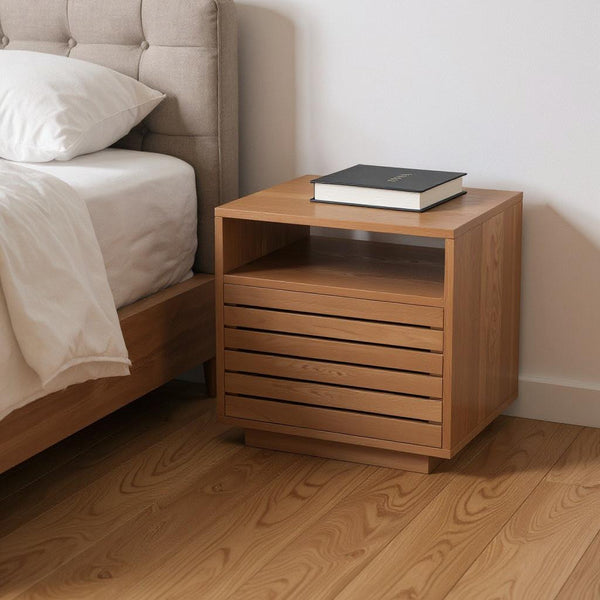 Natural wood nightstand with open shelf and shutter-style drawer fronts, 1-drawer design