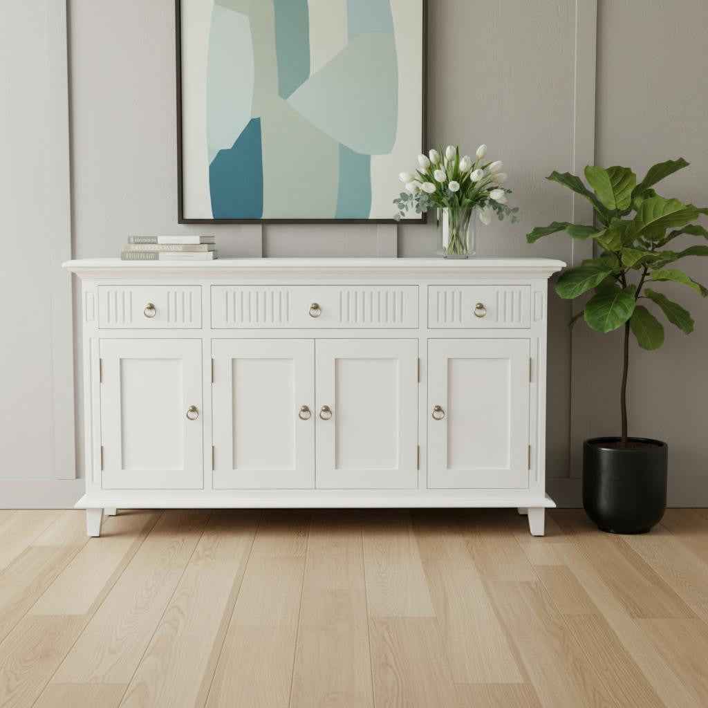 59" White Solid Wood Paneled Three Drawer Buffet Table with Four Doors