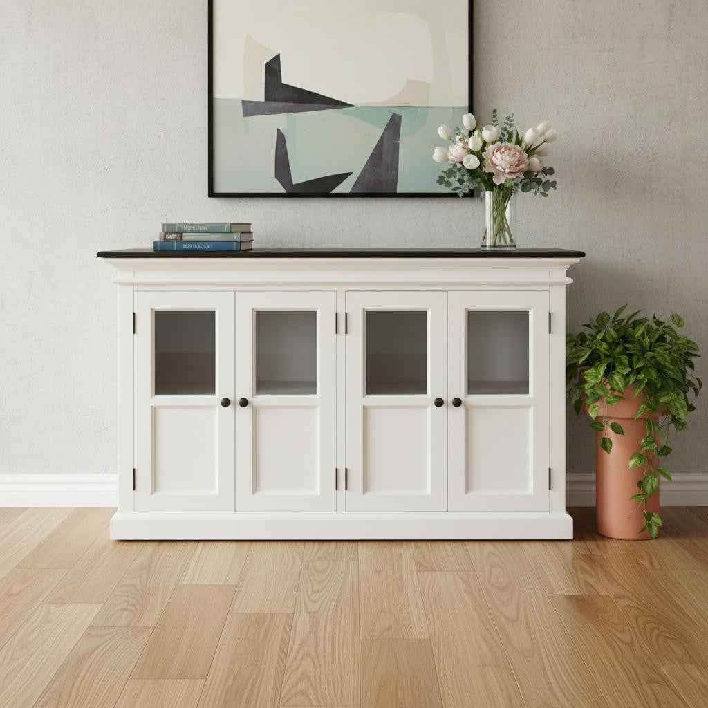 60" White And Black Solid Wood Paneled Buffet Table with Four Glass Doors