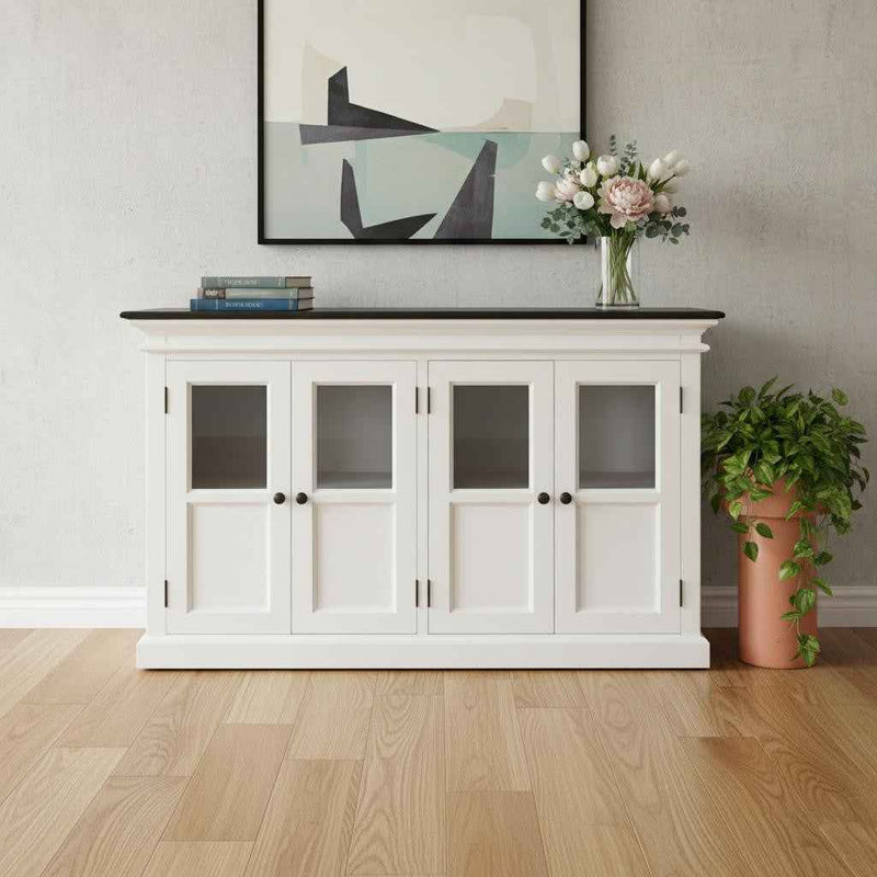 60" White And Black Solid Wood Paneled Buffet Table with Four Glass Doors