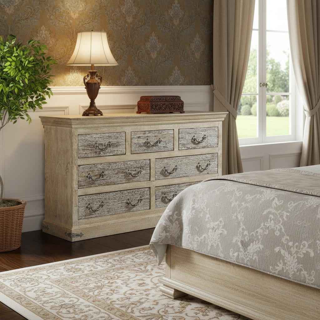64" White Solid Wood Seven Drawer Double Dresser