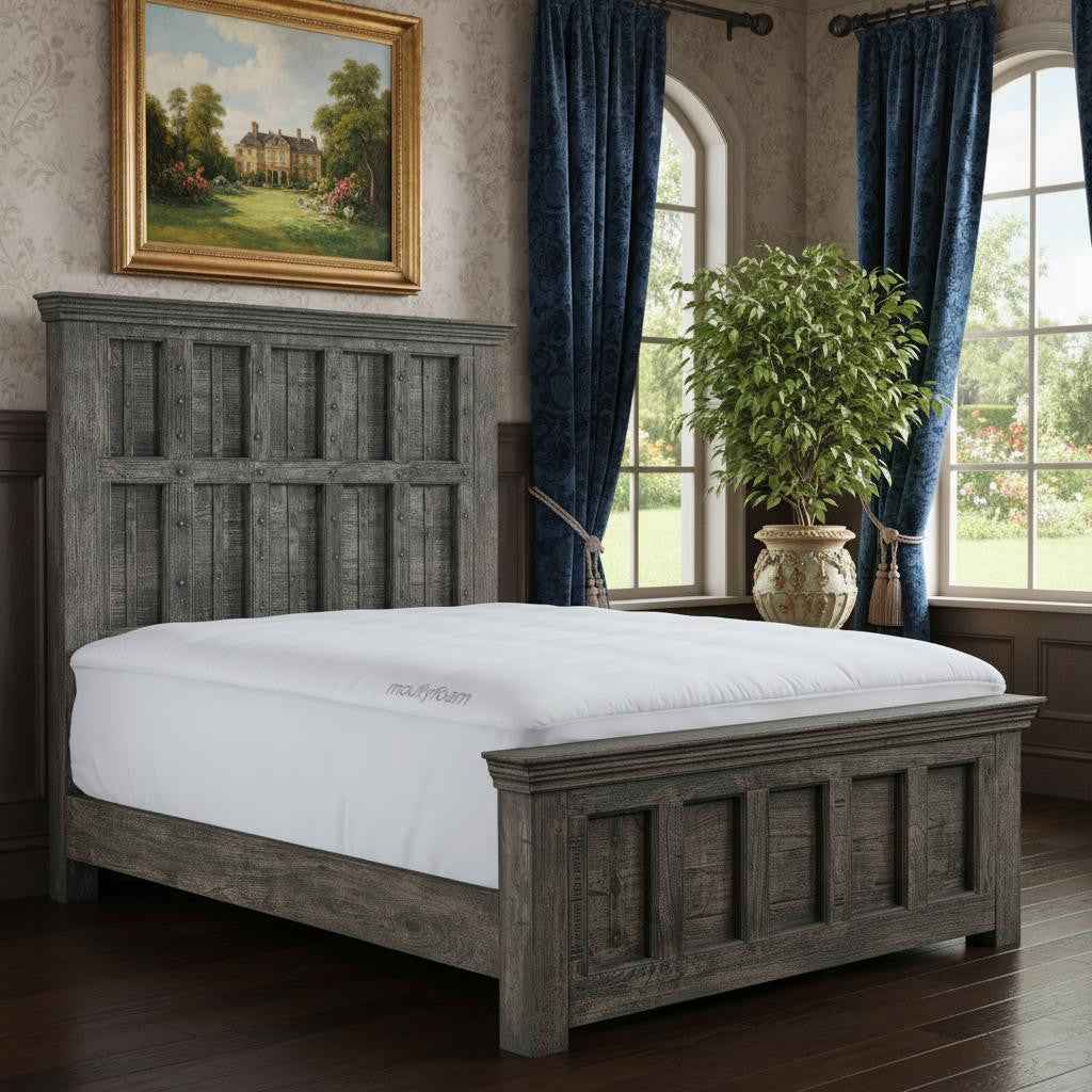 Brown Carved Geometric Distressed Solid Wood Queen Bed Frame
