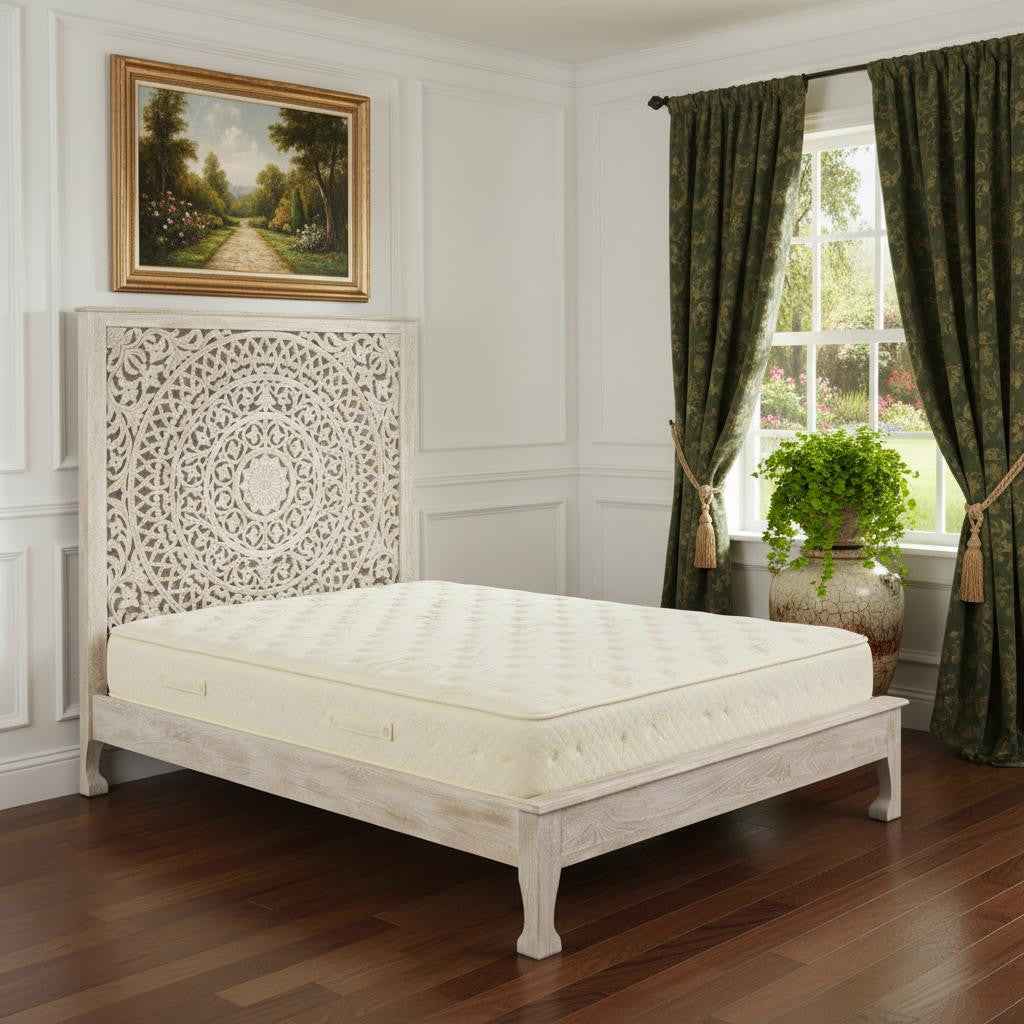 White Carved Floral Distressed Solid Wood Queen Bed Frame