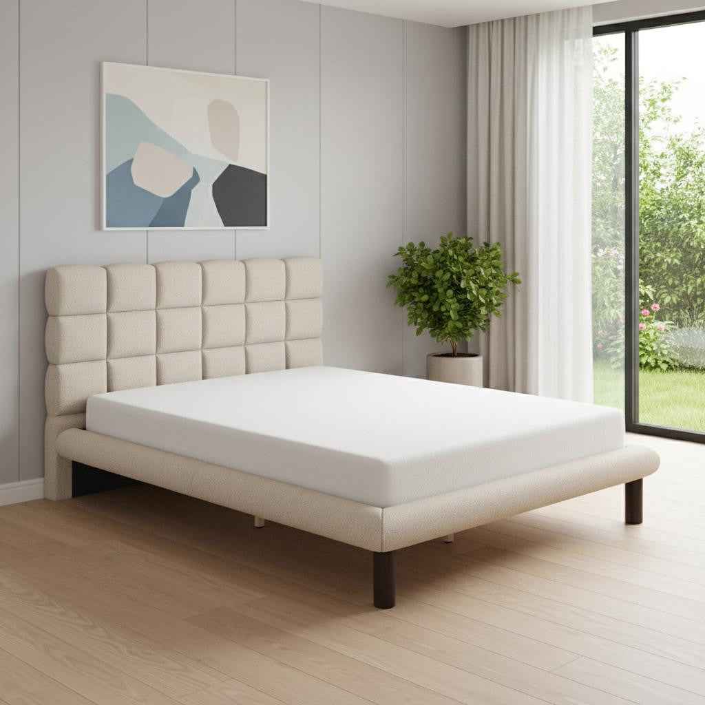 Beige Upholstered Queen Bed Frame