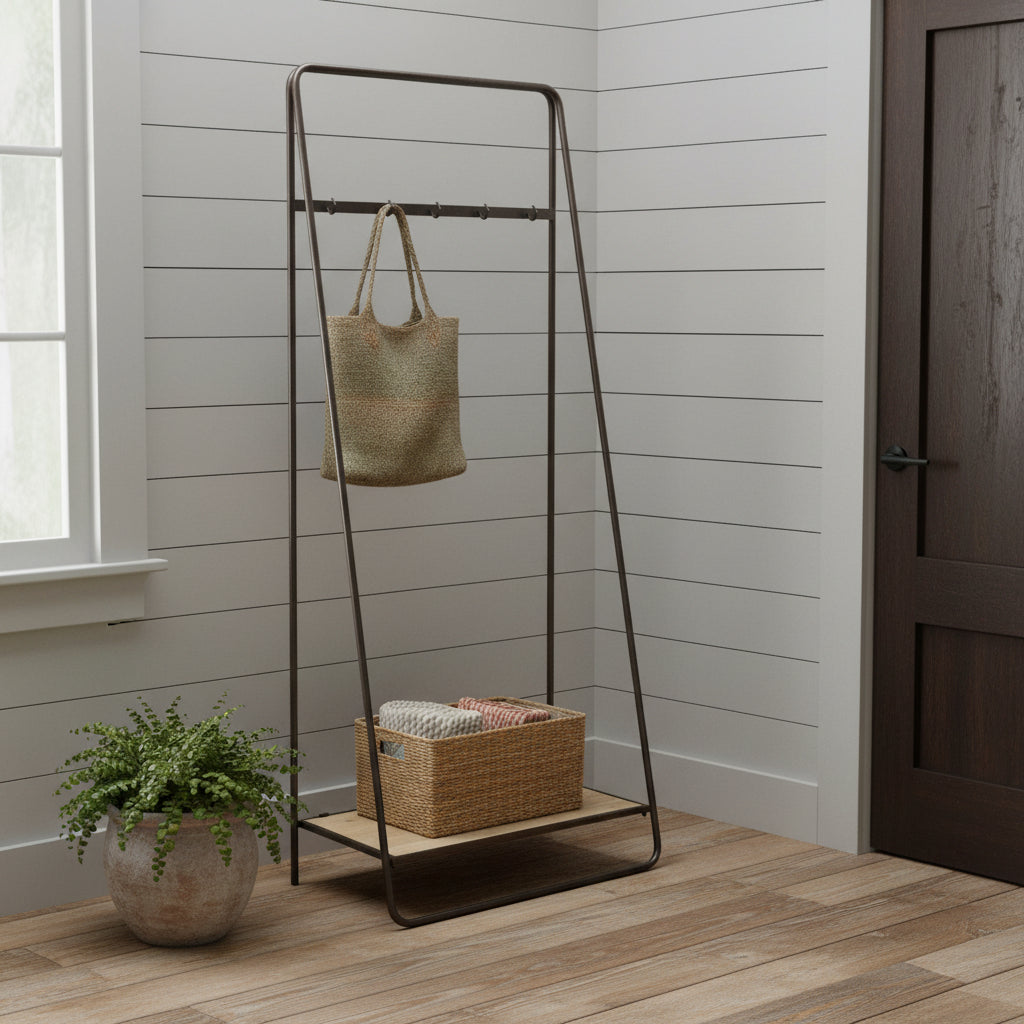 Black Pipe Metal And Wood Shelf Hall Tree - Office