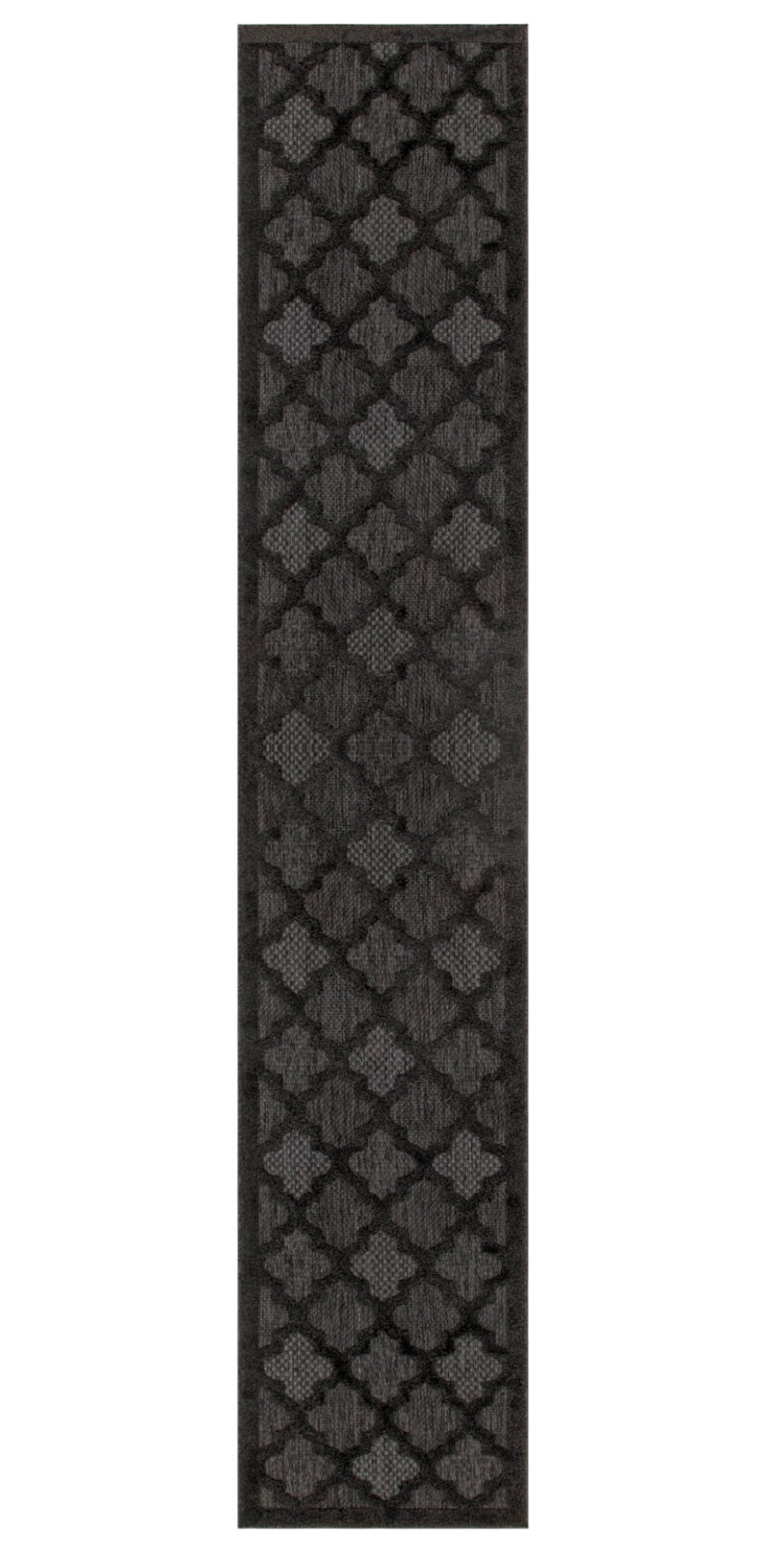 Charcoal and black trellis runner rug with vertical repeating diamond lattice pattern