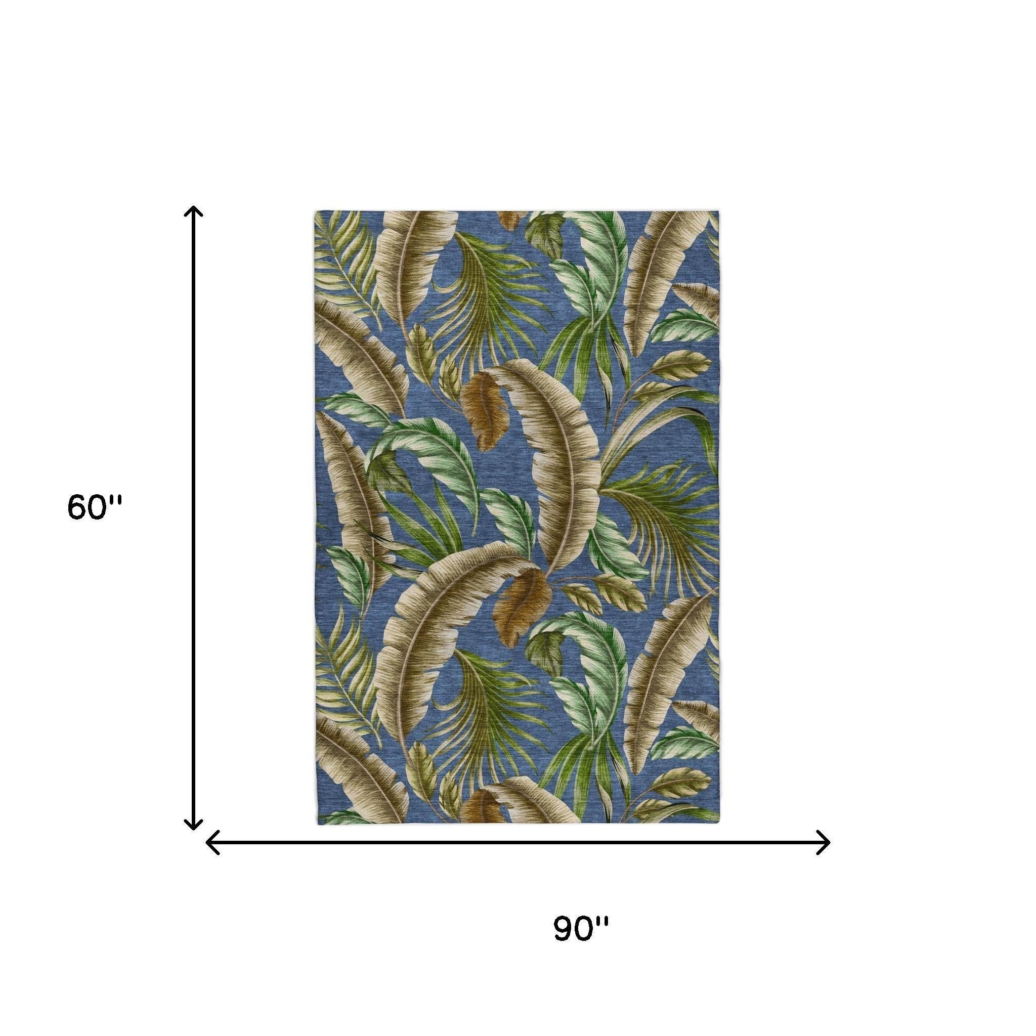 5' X 8' Blue And Chocolate Floral Shag Washable Area Rug With UV Protection - Home & Garden