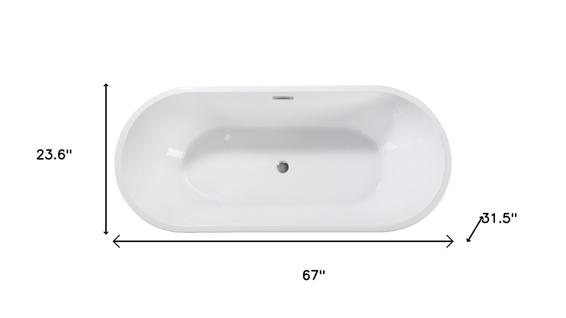 Modern white freestanding acrylic bathtub, 67" x 31.5" x 23.6", sleek oval shape for contemporary bathrooms.