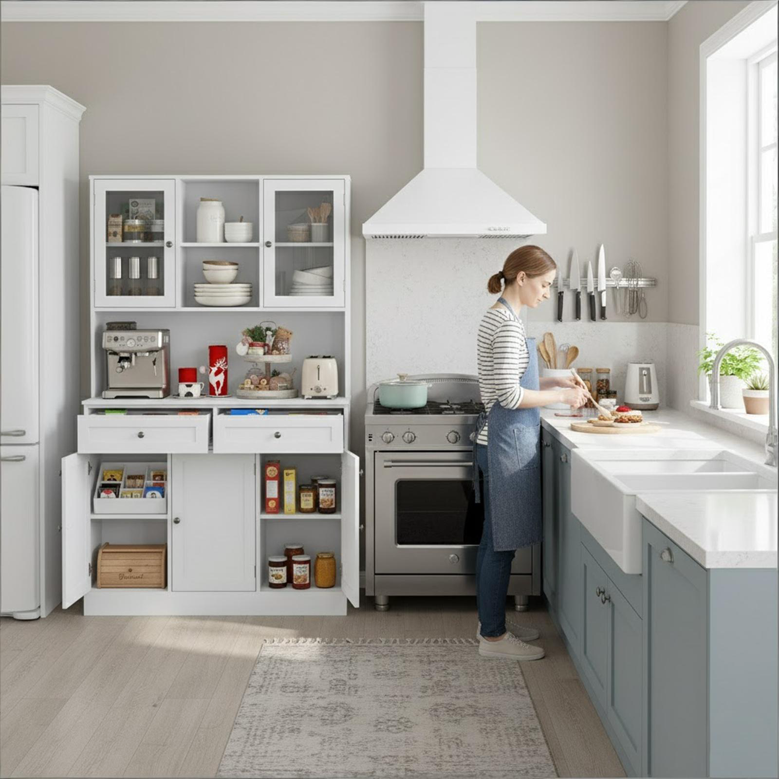 68" White Solid and Manufactured Wood Five Door Two Drawer Pantry Or Storage Closet