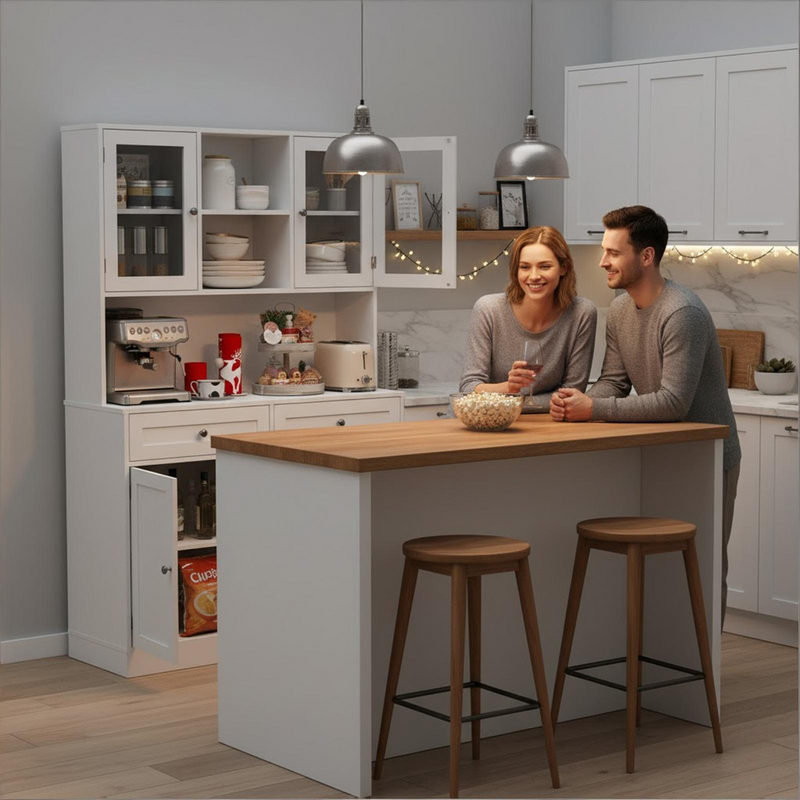 68" White Solid and Manufactured Wood Five Door Two Drawer Pantry Or Storage Closet