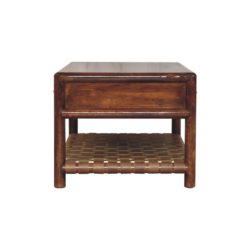 Brown solid wood coffee table with two drawers and woven lower shelf