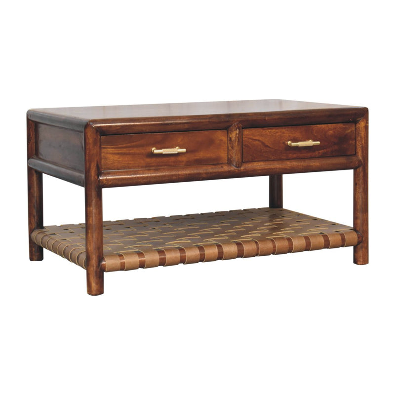 Brown wooden coffee table with two front drawers and woven lower shelf