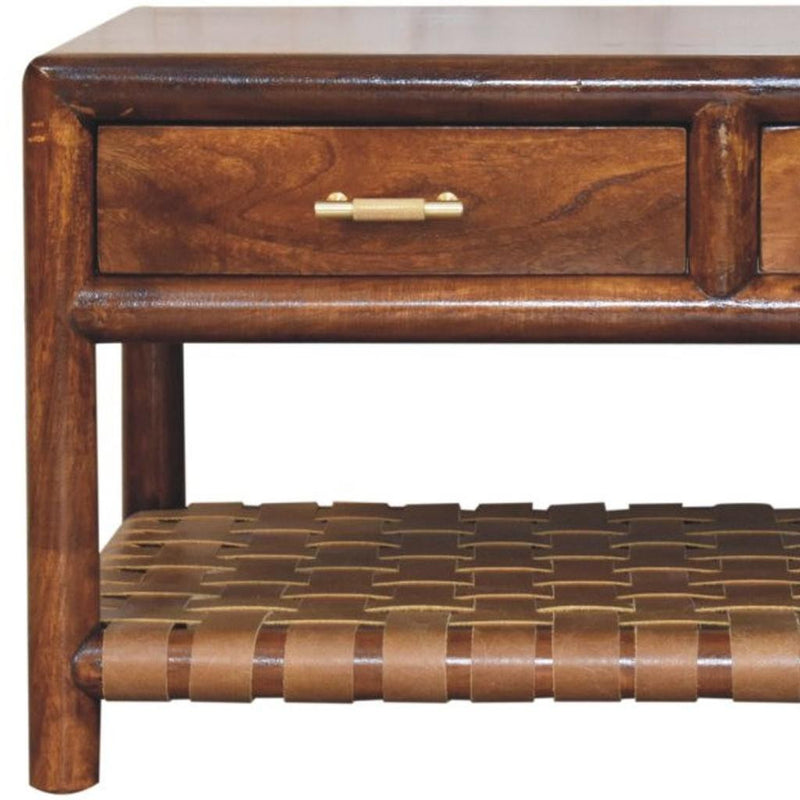 Brown wood coffee table drawer and woven lower shelf, close-up