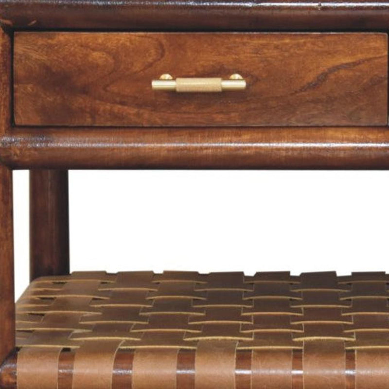 Brown wood coffee table drawer with brass handle and woven lower shelf
