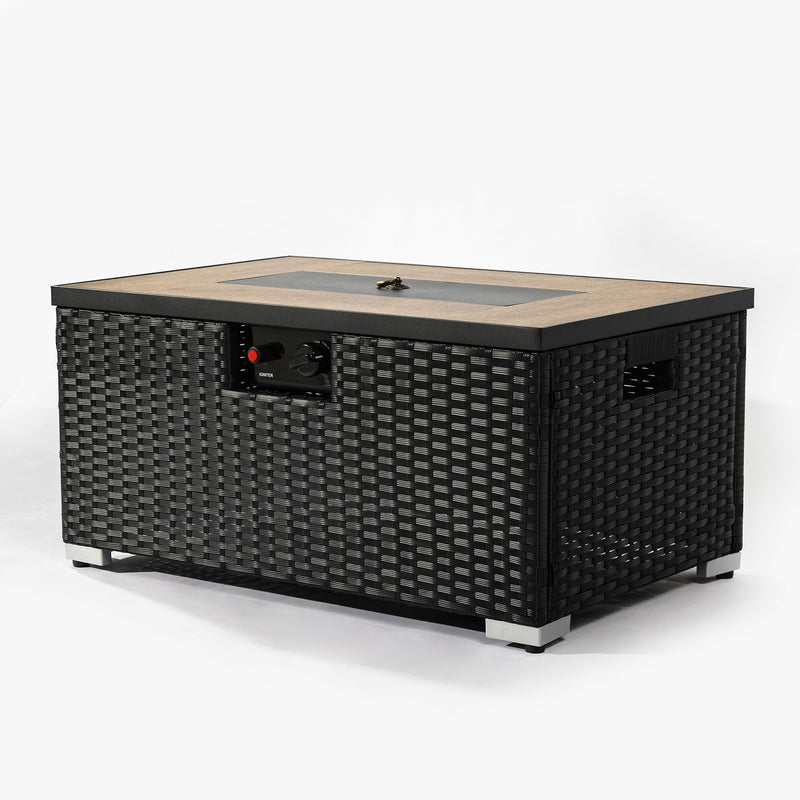 Rectangular propane fire pit with black wicker sides, tan tabletop, and control knob
