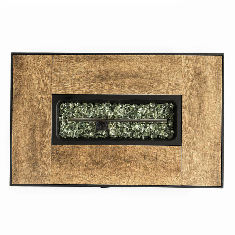 Rectangular propane fire pit with burner window and decorative clear glass fire media