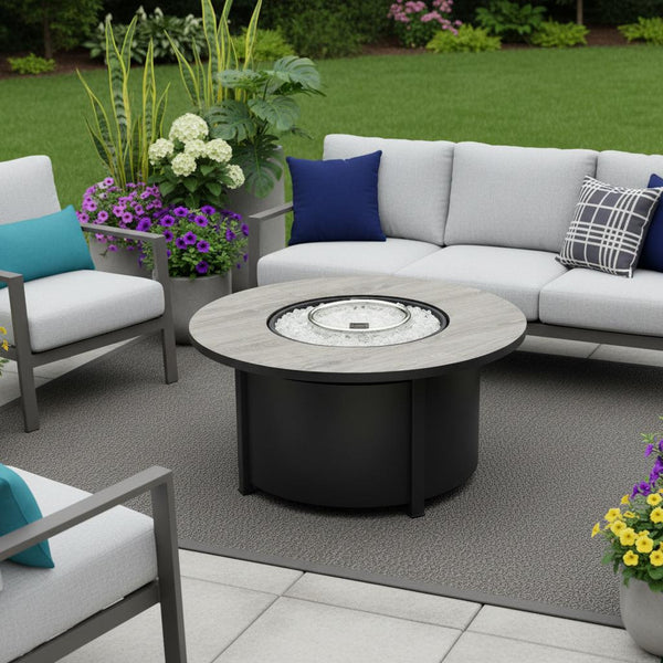 Propane column fire pit in black steel with round top burner