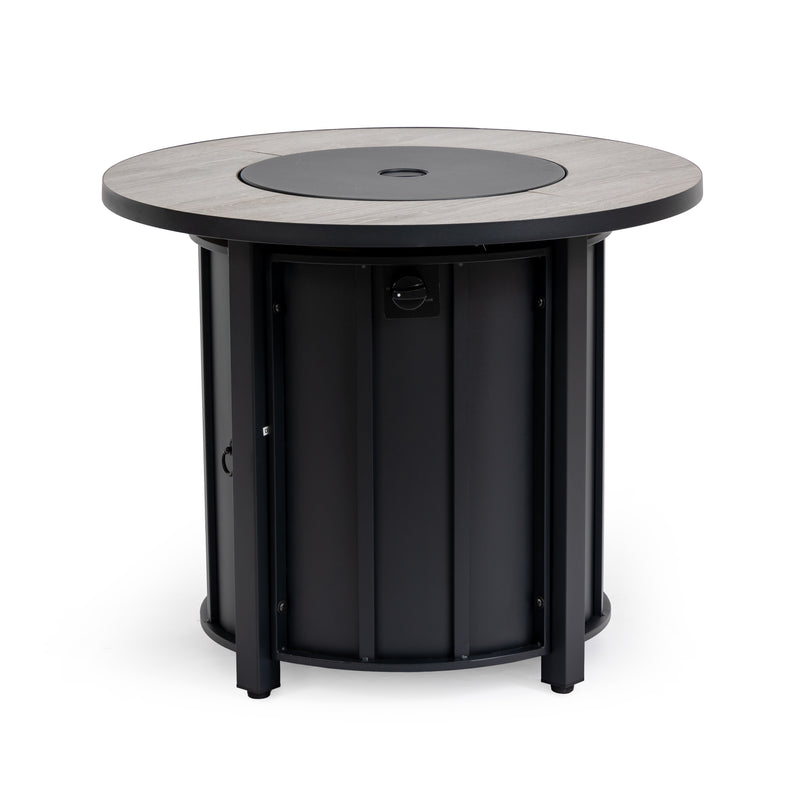 Black steel propane column fire pit with round lid and side access panels