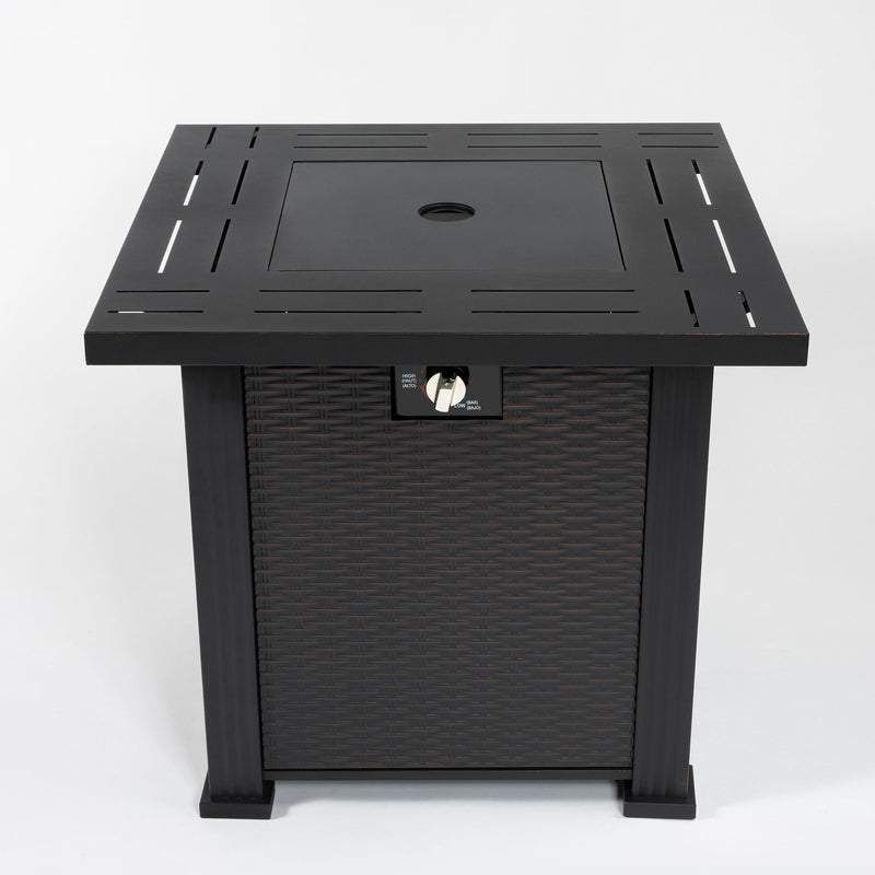 Black square propane fire pit table with slotted top and control panel