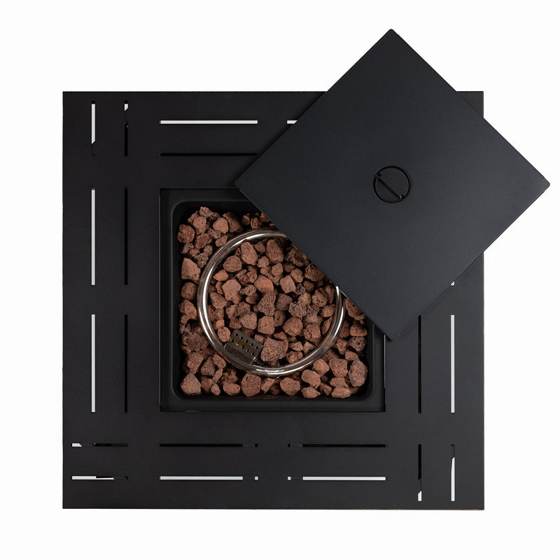 Black square fire pit table with open lid showing lava rocks