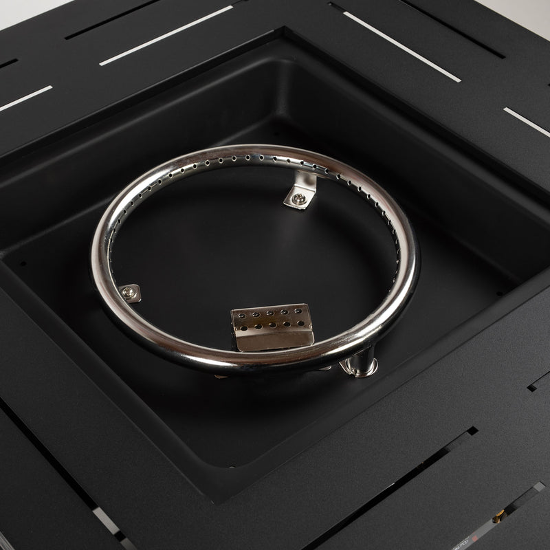 Black square propane burner with circular ignition ring and metal fittings