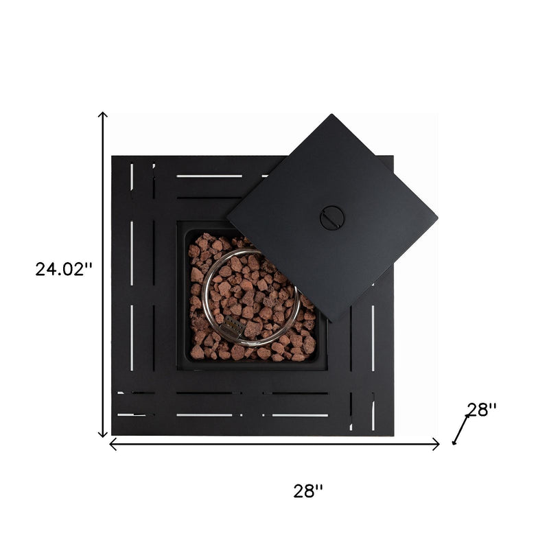 Black square fire pit table size diagram with open cover and dimensions