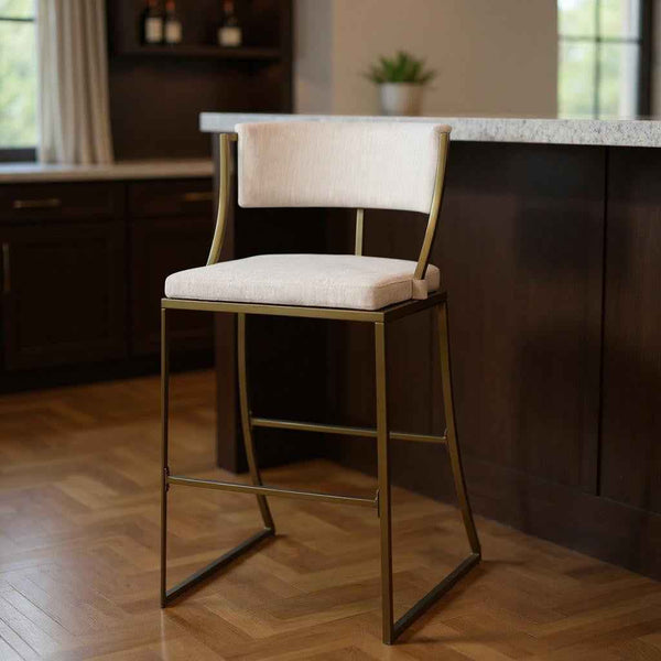 30" Beige And Antiqued Brass Steel Low Back Bar Height Bar Chair