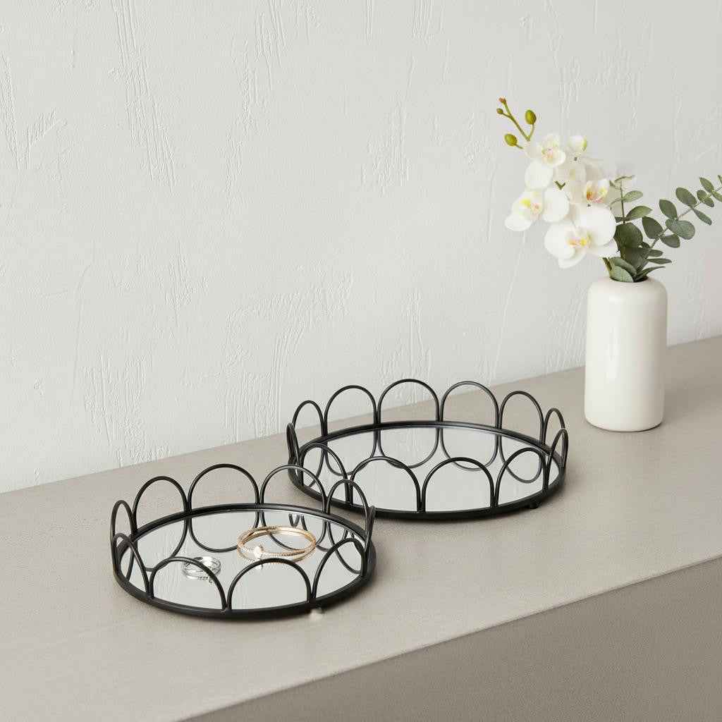 Set of Two Black And Silver Metal And Mirrored Glass Round Vanity Trays