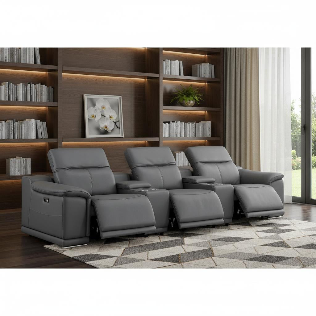 134" Dark Gray Top Grain Leather Reclining USB and Wireless Charger Sofa And Storage - Living Room
