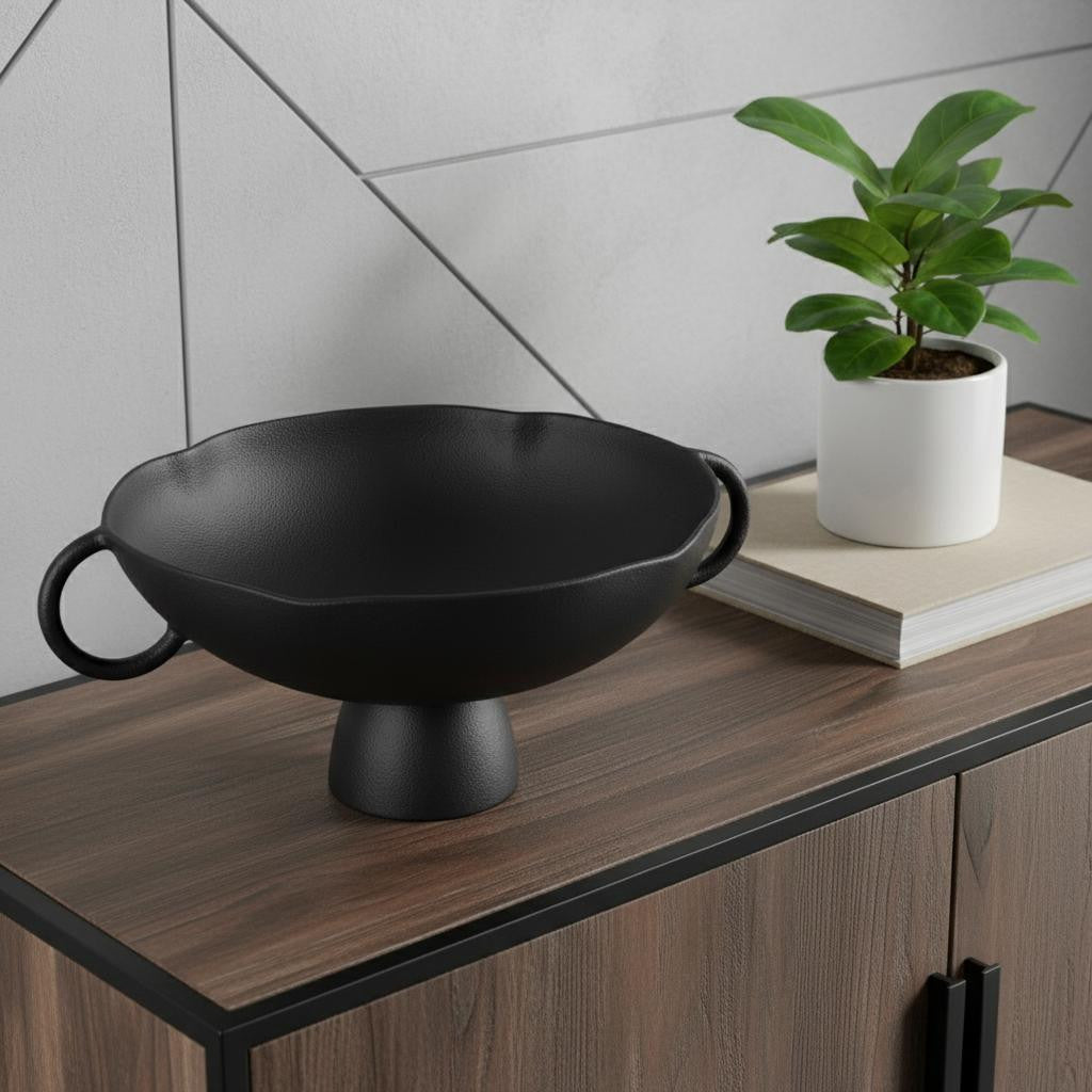 16" Black Metal Wavy Edge Round Pedestal Centerpiece Bowl With Handles - Kitchen & Dining