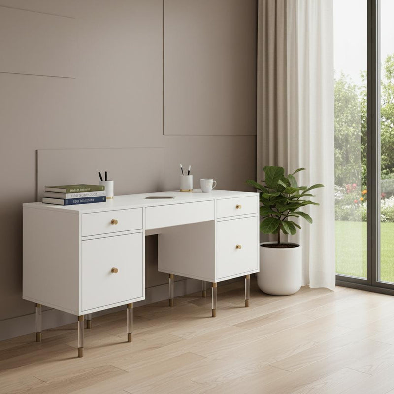 55" White Writing Desk With Four Drawers - Office
