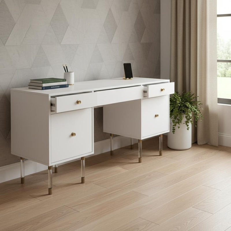55" White Writing Desk With Four Drawers - Office