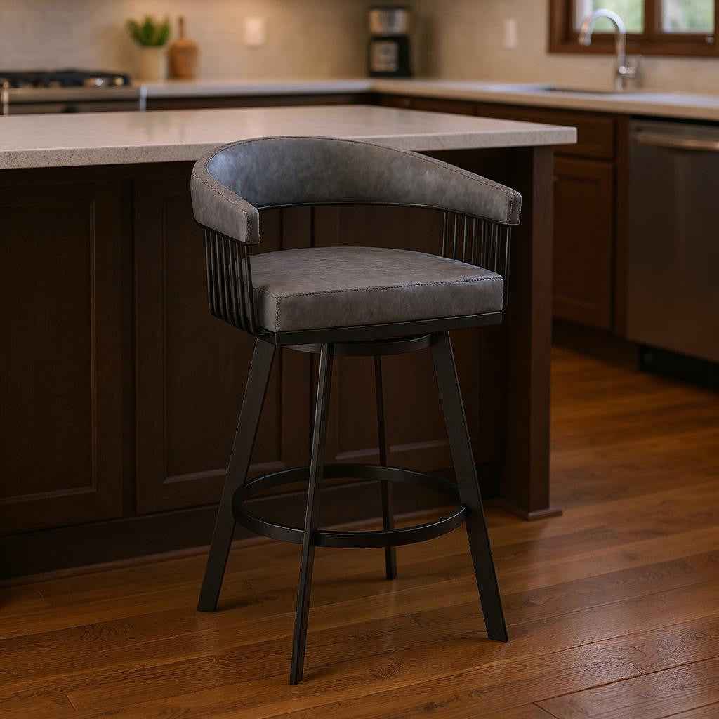 25" Gray And Black Iron Swivel Low Back Counter Height Bar Chair