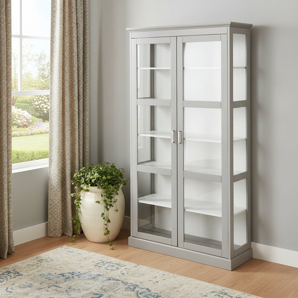 Gray Cornice Molding Double Door Curio Cabinet - Kitchen & Dining