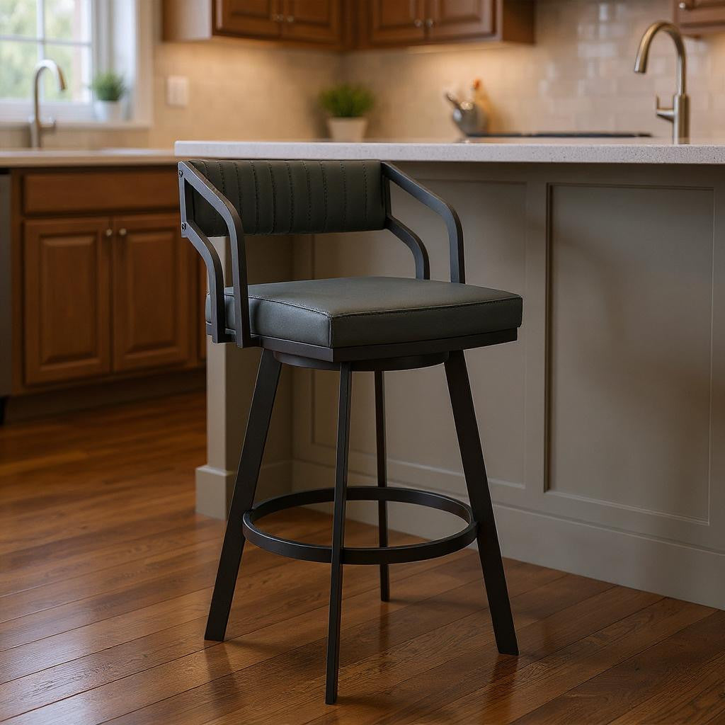 26" Gray And Black Fabric And Iron Low Back Counter Height Swivel Bar Chair - Living Room